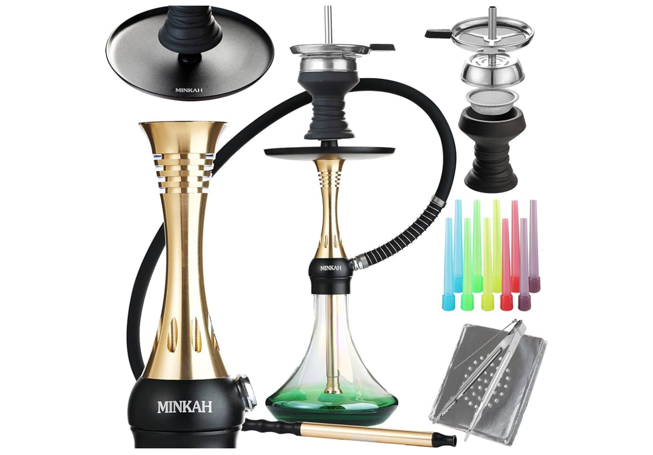 19" Gold & Green Glass Hookah Set